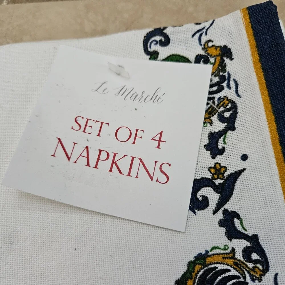 RARE SET 4 NEW LE MARCHI NEW YEAR CHINESE DRAGON BLUE COTTON DINNER NAPKINS